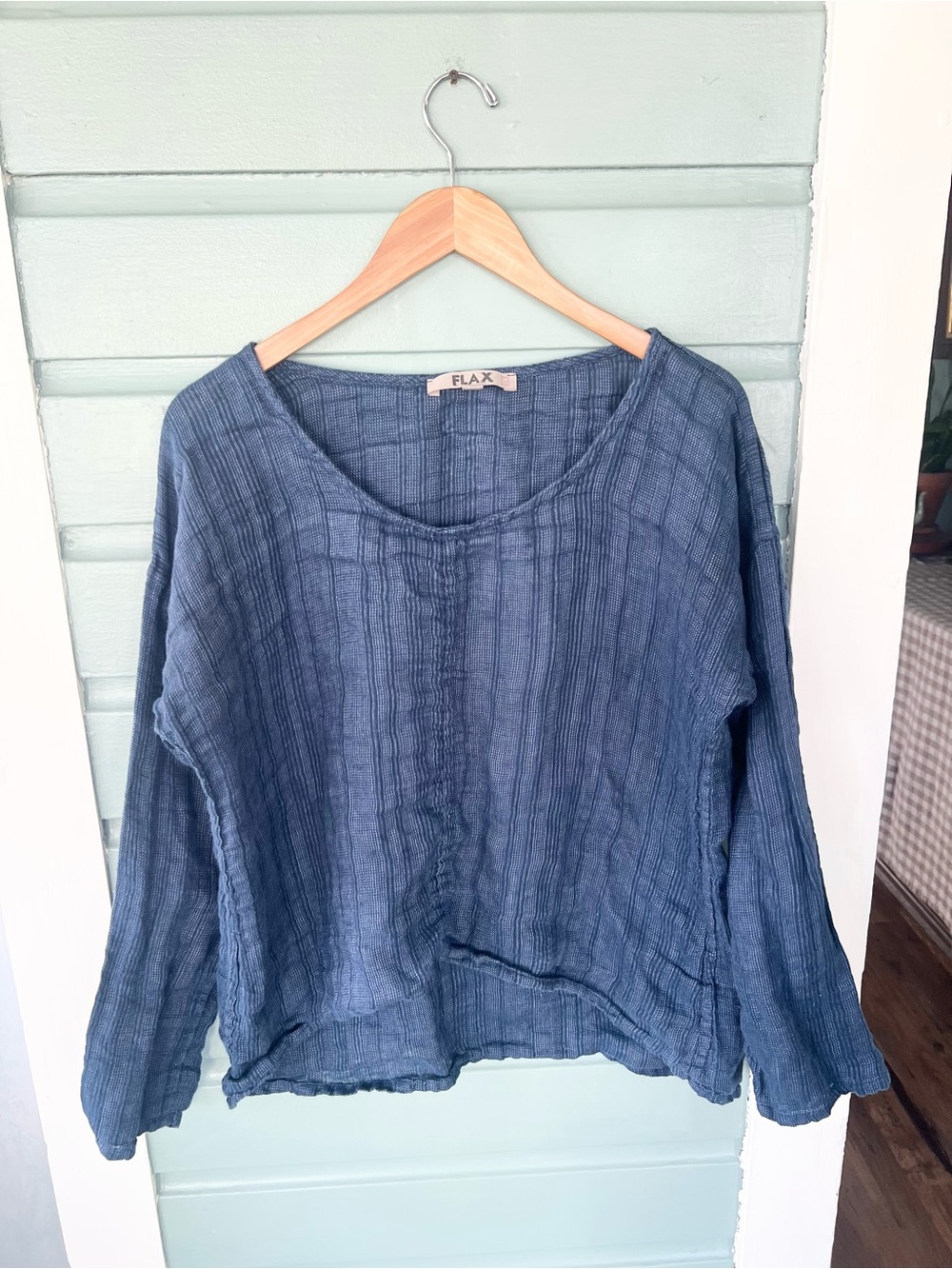 Flax 100% linen blue textured blouse long sleeve fall minimalist artsy size S